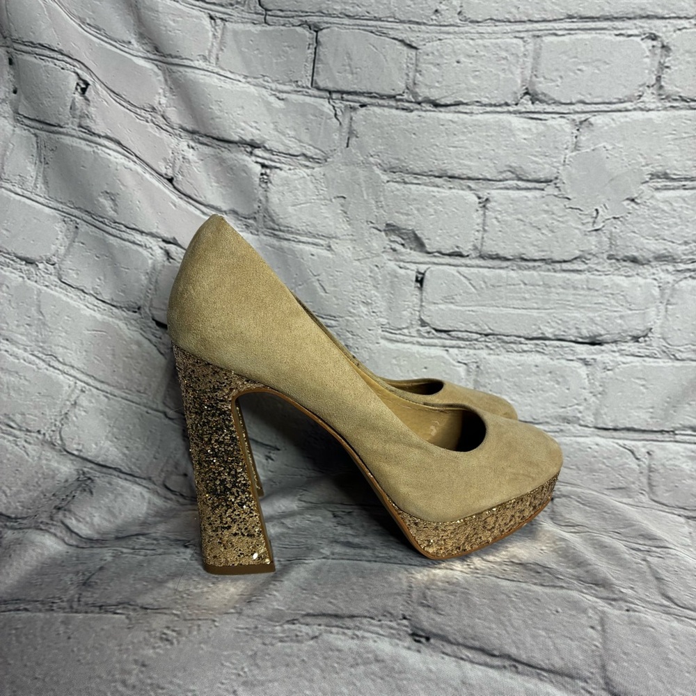Elle PerryTan Beige Suede Disco Gold‎ Glitter Block Heels Platform Pumps Sz 7.5